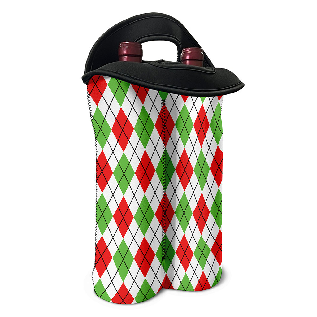 Green Red And White Argyle Pattern Print Double Neoprene Wine Tote