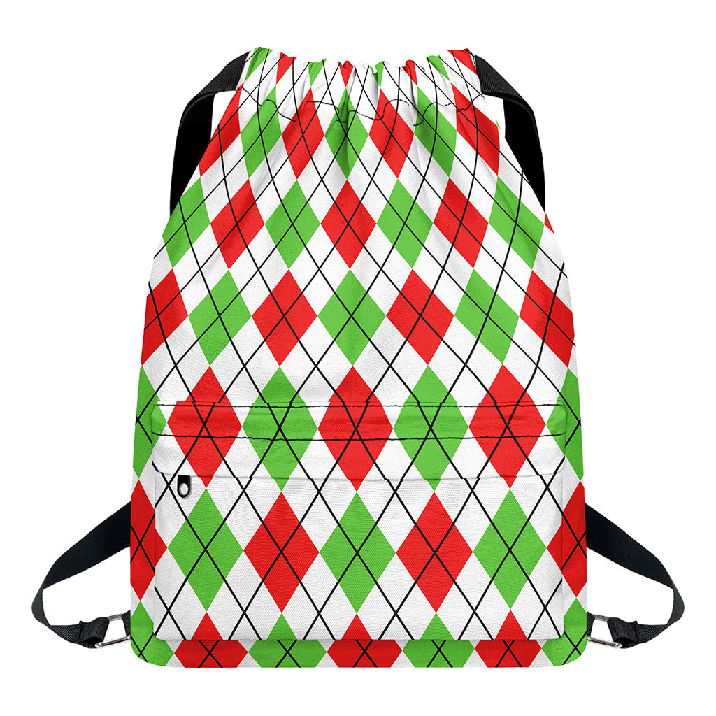 Green Red And White Argyle Pattern Print Drawstring Backpack
