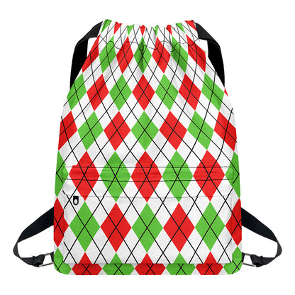 Green Red And White Argyle Pattern Print Drawstring Backpack
