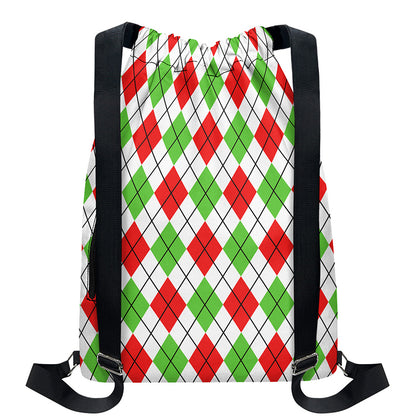 Green Red And White Argyle Pattern Print Drawstring Backpack
