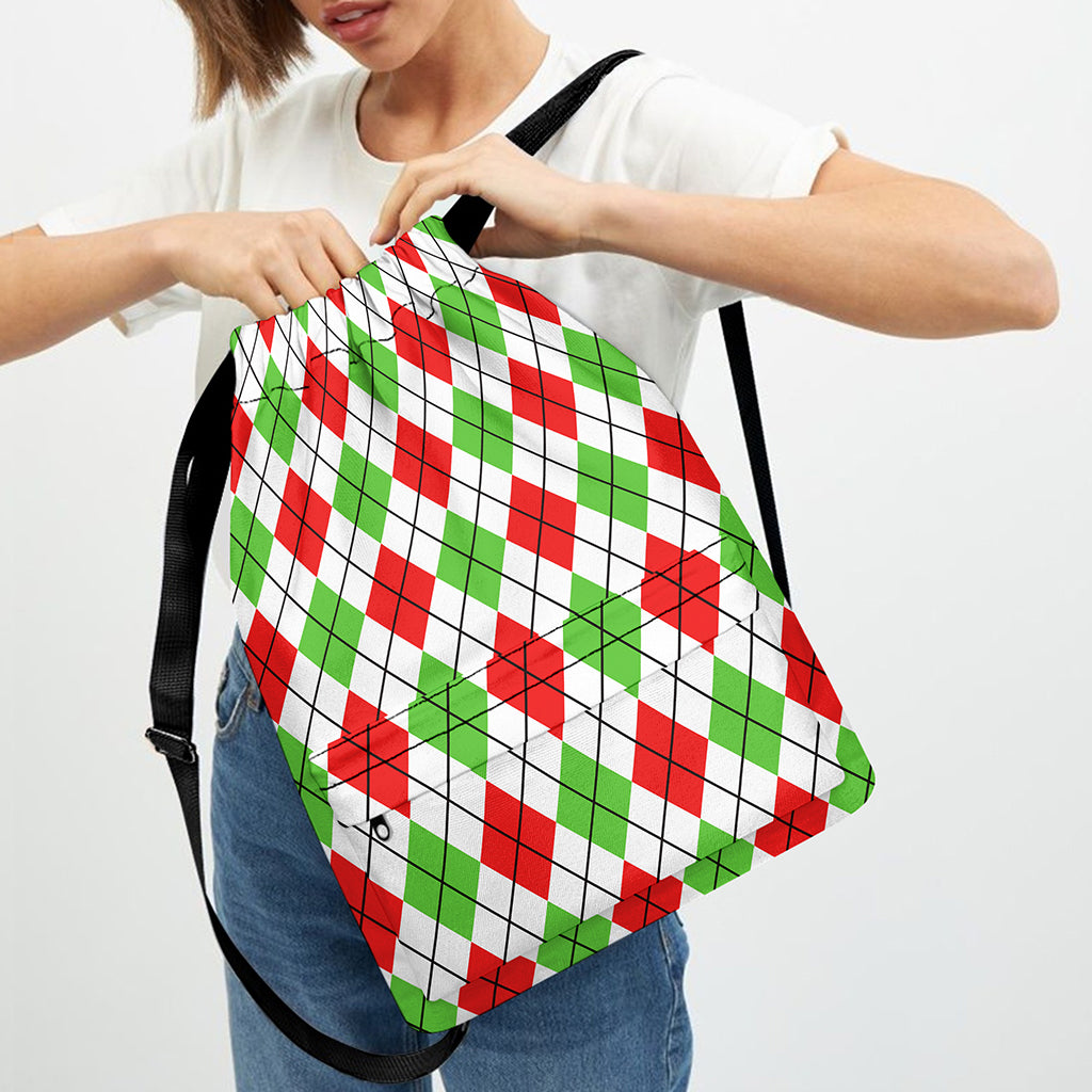 Green Red And White Argyle Pattern Print Drawstring Backpack