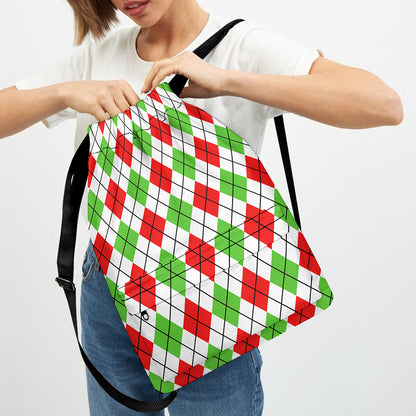 Green Red And White Argyle Pattern Print Drawstring Backpack