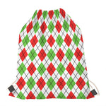 Green Red And White Argyle Pattern Print Drawstring Bag