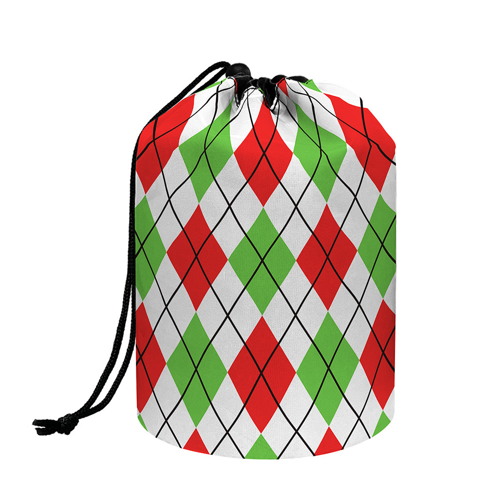 Green Red And White Argyle Pattern Print Drawstring Makeup Bag
