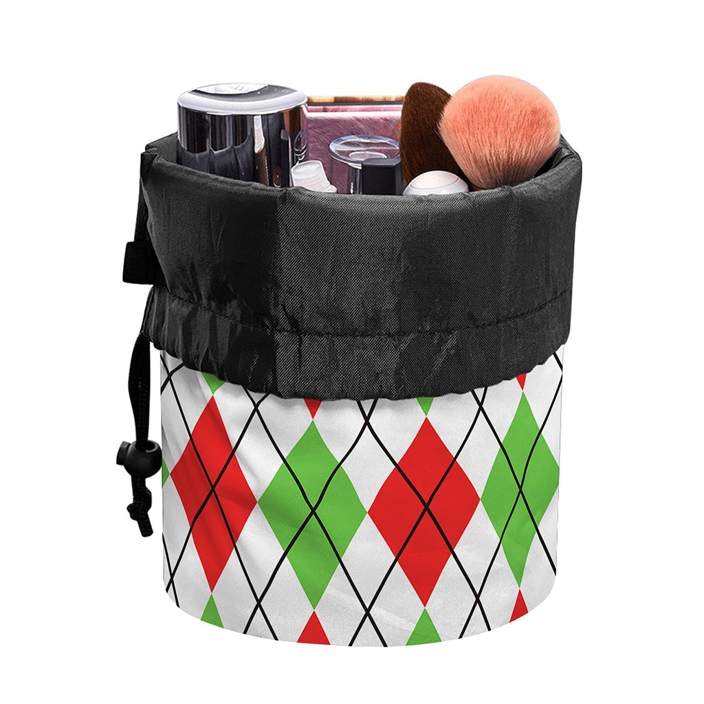 Green Red And White Argyle Pattern Print Drawstring Makeup Bag