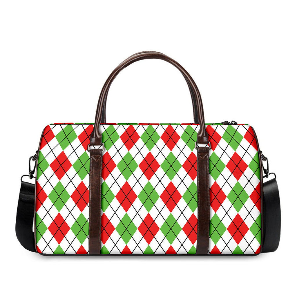 Green Red And White Argyle Pattern Print Duffle Bag