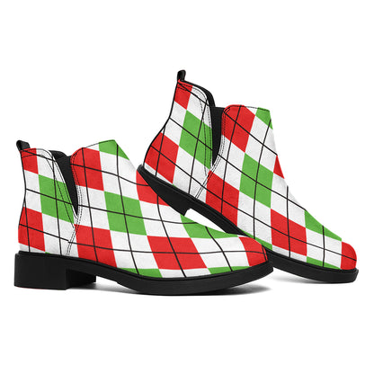 Green Red And White Argyle Pattern Print Flat Ankle Boots