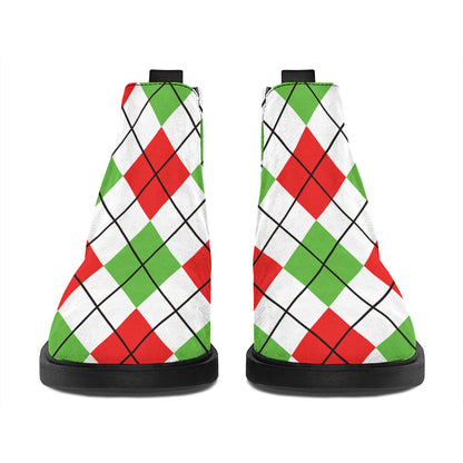 Green Red And White Argyle Pattern Print Flat Ankle Boots