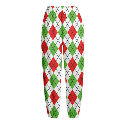 Green Red And White Argyle Pattern Print Fleece Lined Knit Pants