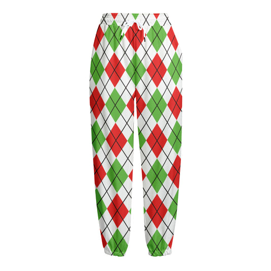 Green Red And White Argyle Pattern Print Fleece Lined Knit Pants