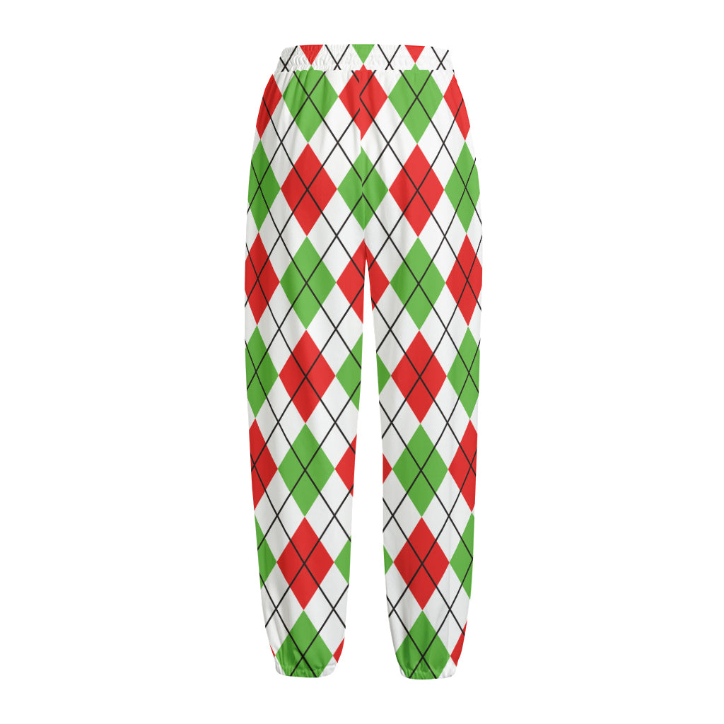 Green Red And White Argyle Pattern Print Fleece Lined Knit Pants