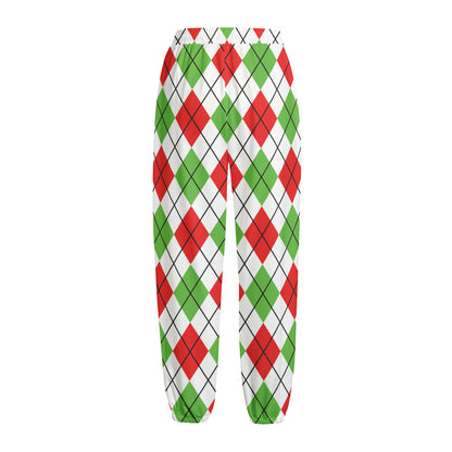 Green Red And White Argyle Pattern Print Fleece Lined Knit Pants