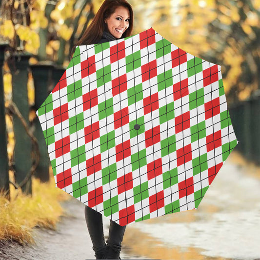 Green Red And White Argyle Pattern Print Foldable Umbrella