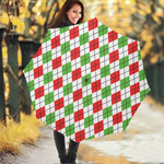 Green Red And White Argyle Pattern Print Foldable Umbrella