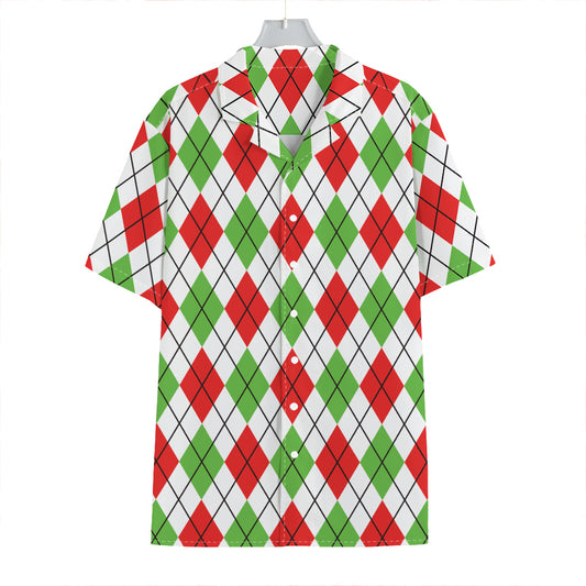 Green Red And White Argyle Pattern Print Hawaiian Shirt