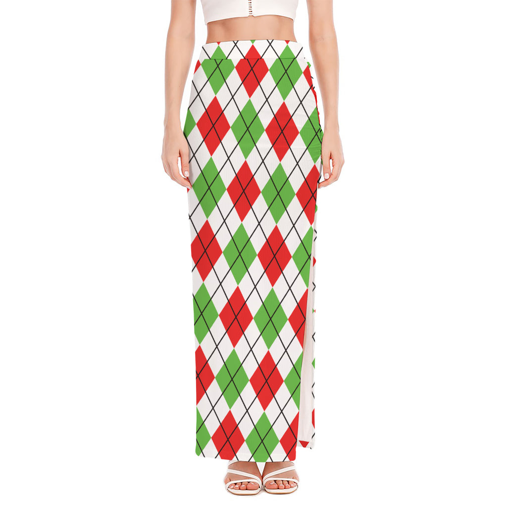 Green Red And White Argyle Pattern Print High Slit Maxi Skirt