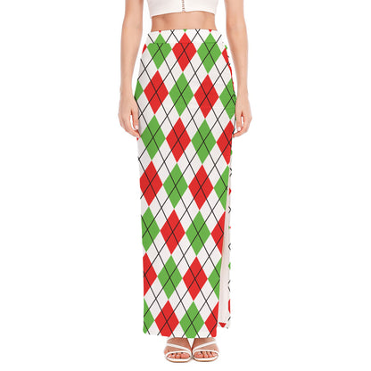 Green Red And White Argyle Pattern Print High Slit Maxi Skirt