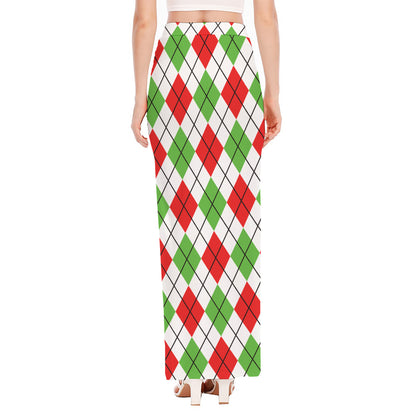 Green Red And White Argyle Pattern Print High Slit Maxi Skirt