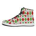 Green Red And White Argyle Pattern Print High Top Leather Sneakers