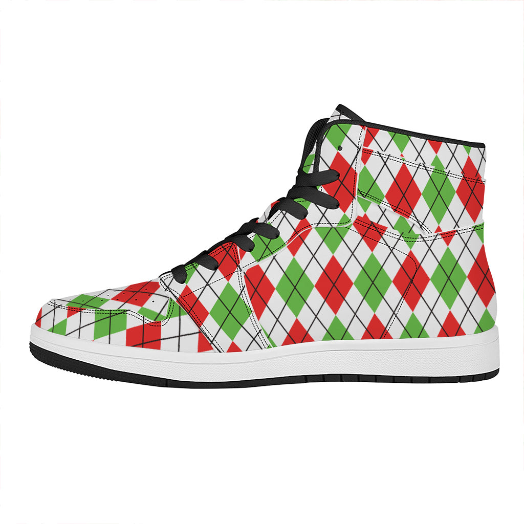 Green Red And White Argyle Pattern Print High Top Leather Sneakers