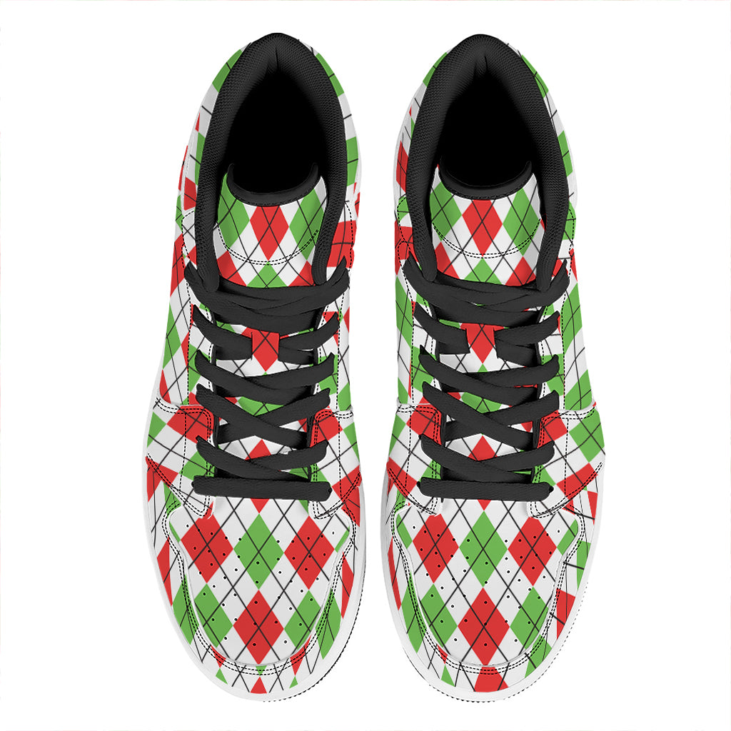 Green Red And White Argyle Pattern Print High Top Leather Sneakers