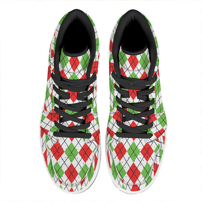 Green Red And White Argyle Pattern Print High Top Leather Sneakers