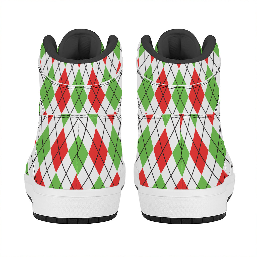 Green Red And White Argyle Pattern Print High Top Leather Sneakers