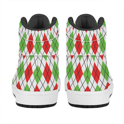 Green Red And White Argyle Pattern Print High Top Leather Sneakers