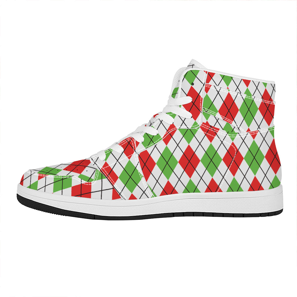 Green Red And White Argyle Pattern Print High Top Leather Sneakers