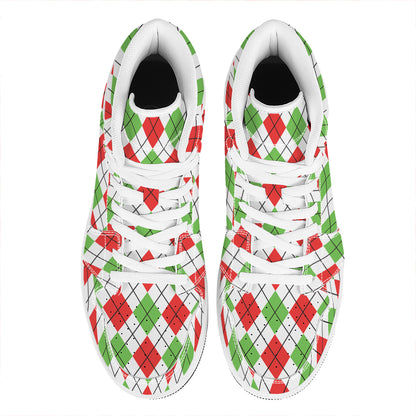 Green Red And White Argyle Pattern Print High Top Leather Sneakers
