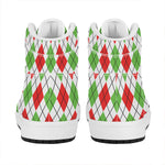 Green Red And White Argyle Pattern Print High Top Leather Sneakers