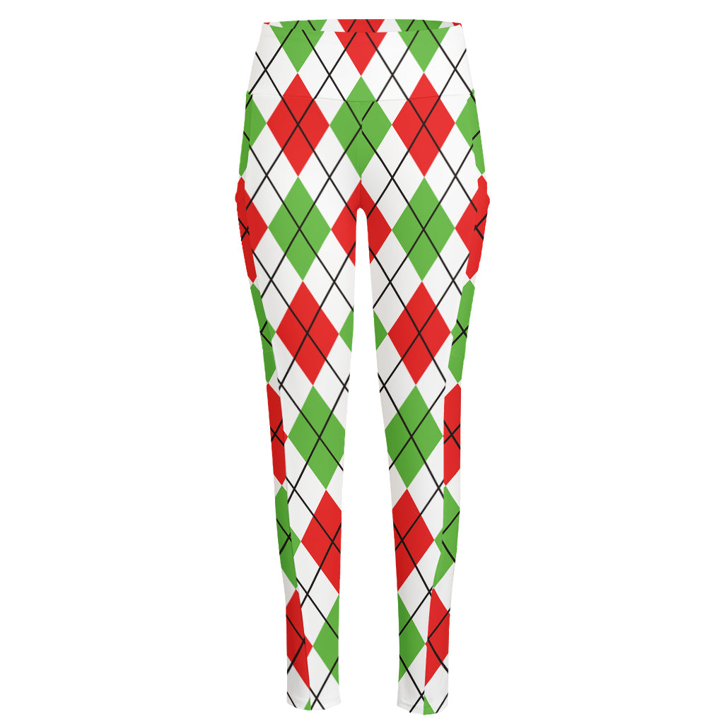 Green Red And White Argyle Pattern Print High-Waisted Pocket Leggings