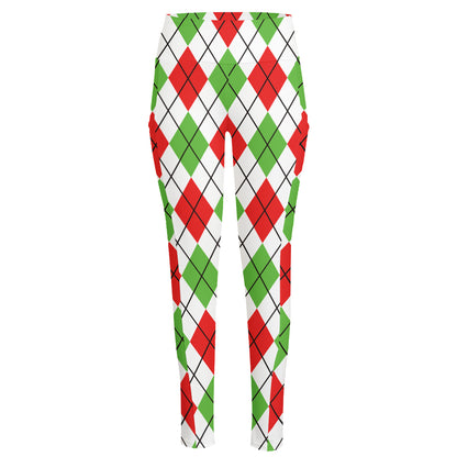 Green Red And White Argyle Pattern Print High-Waisted Pocket Leggings
