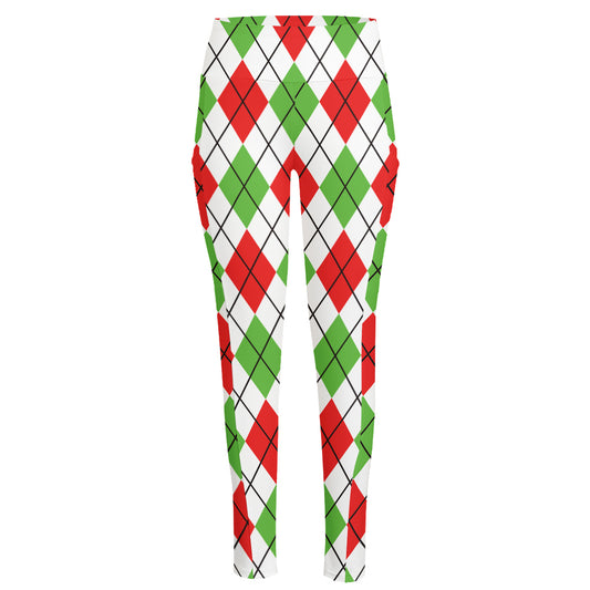 Green Red And White Argyle Pattern Print High-Waisted Pocket Leggings