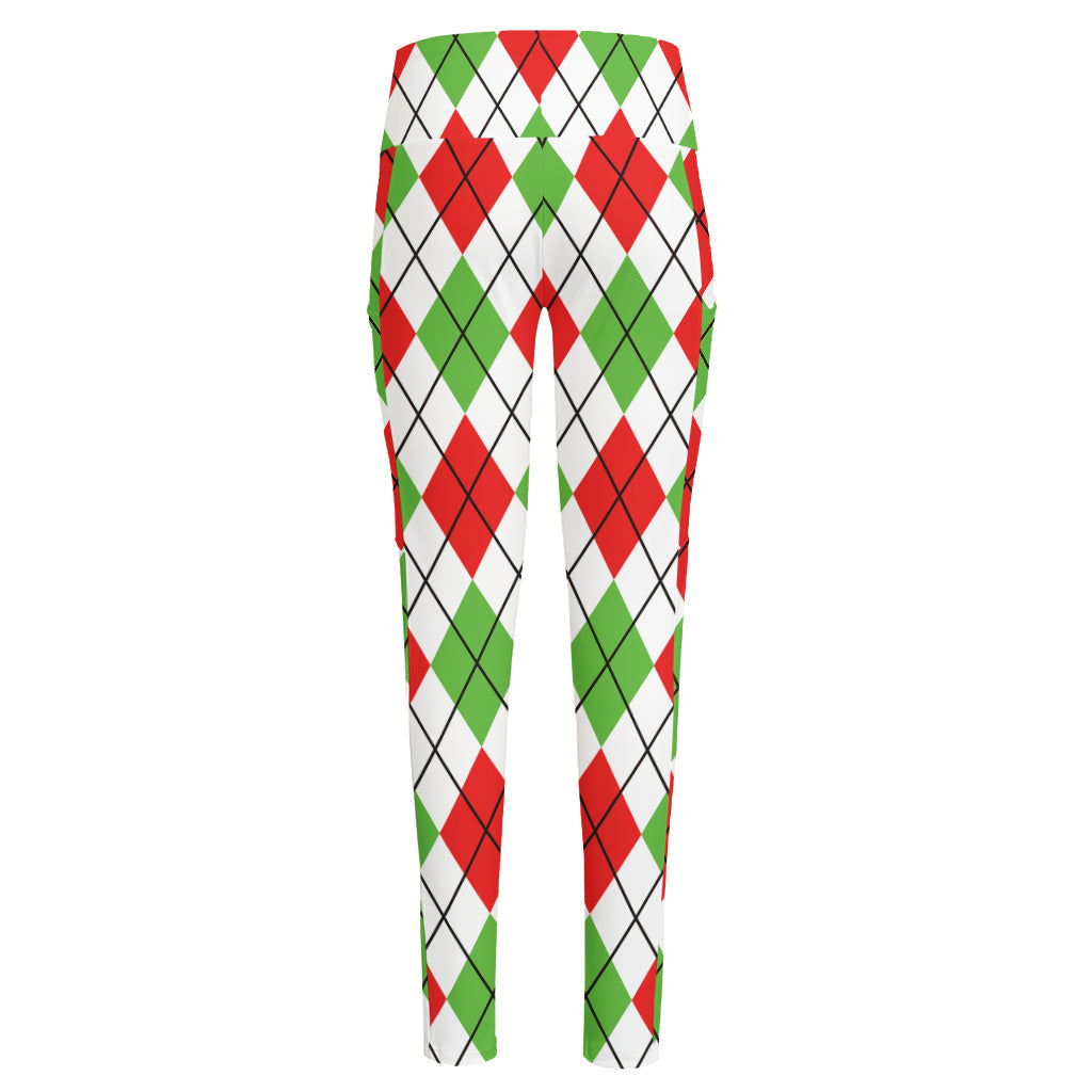Green Red And White Argyle Pattern Print High-Waisted Pocket Leggings