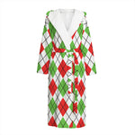Green Red And White Argyle Pattern Print Hooded Bathrobe