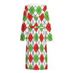 Green Red And White Argyle Pattern Print Hooded Bathrobe