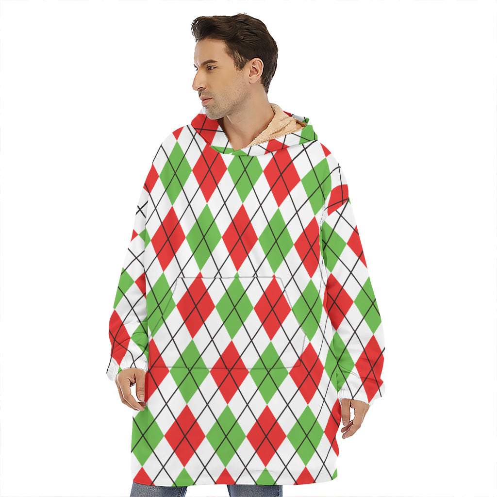 Green Red And White Argyle Pattern Print Hoodie Blanket