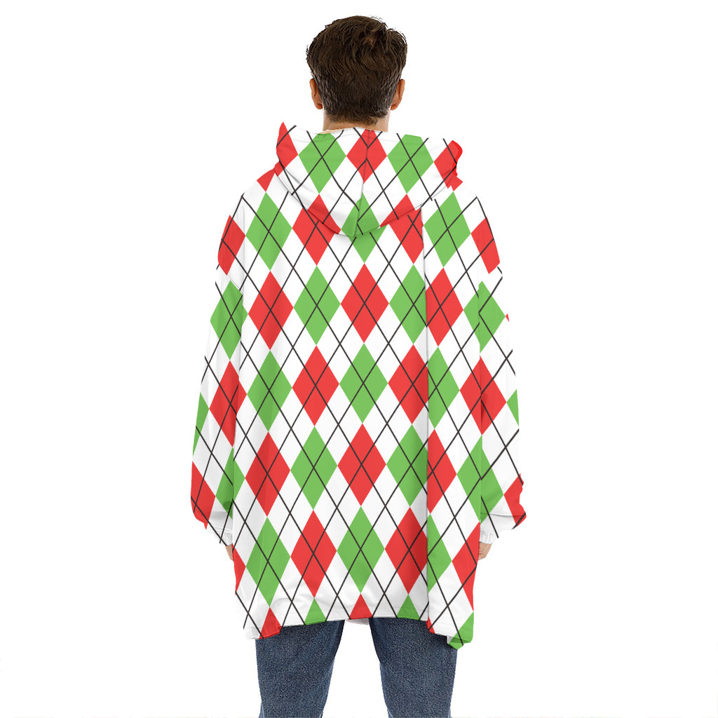 Green Red And White Argyle Pattern Print Hoodie Blanket