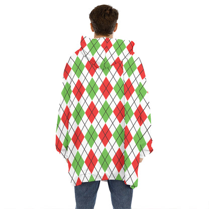 Green Red And White Argyle Pattern Print Hoodie Blanket