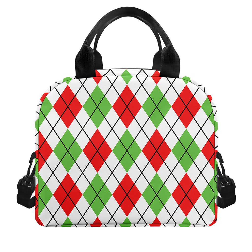 Green Red And White Argyle Pattern Print Insulated Lunch Bag