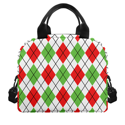 Green Red And White Argyle Pattern Print Insulated Lunch Bag