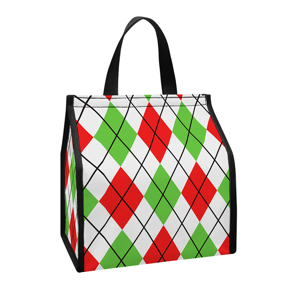 Green Red And White Argyle Pattern Print Insulated Lunch Tote