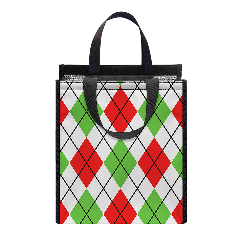 Green Red And White Argyle Pattern Print Insulated Lunch Tote