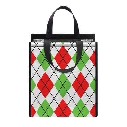 Green Red And White Argyle Pattern Print Insulated Lunch Tote