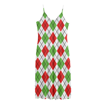 Green Red And White Argyle Pattern Print Jersey Midi Cami Dress