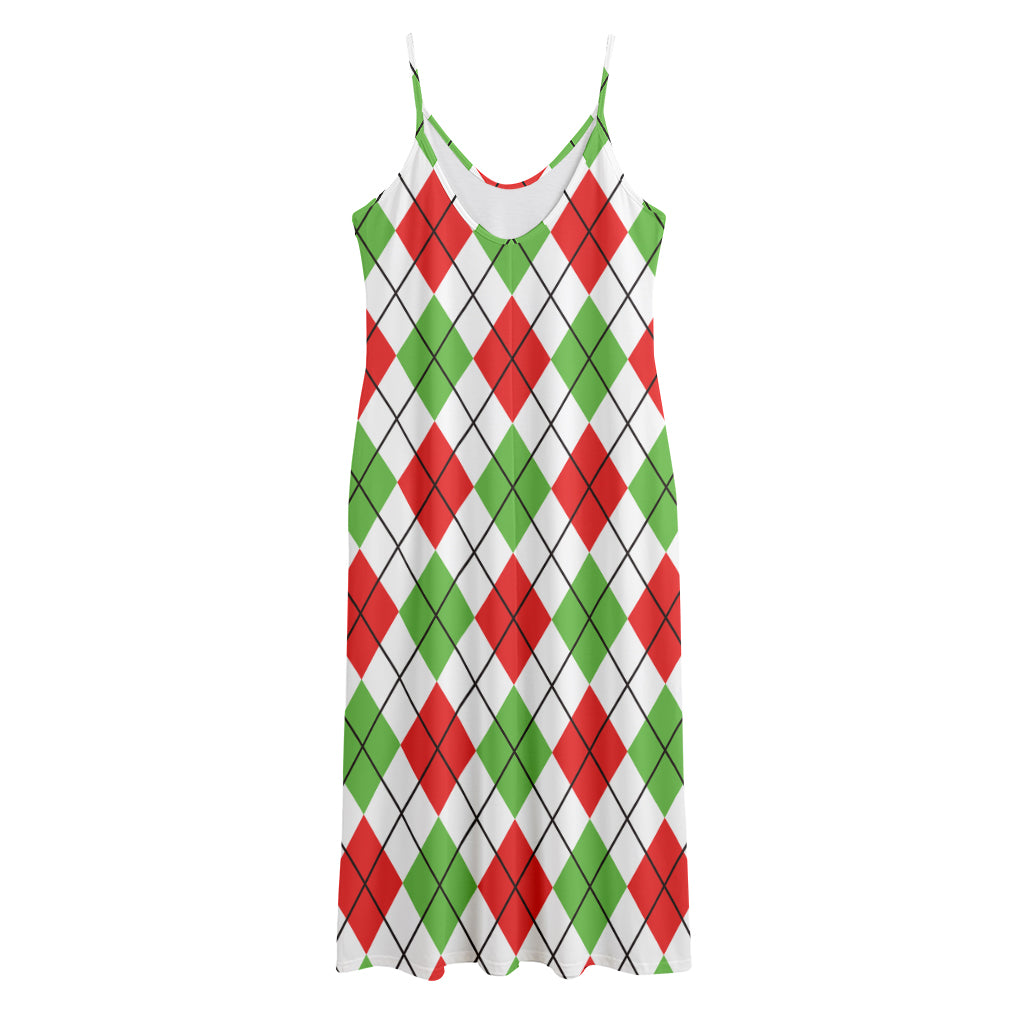 Green Red And White Argyle Pattern Print Jersey Midi Cami Dress