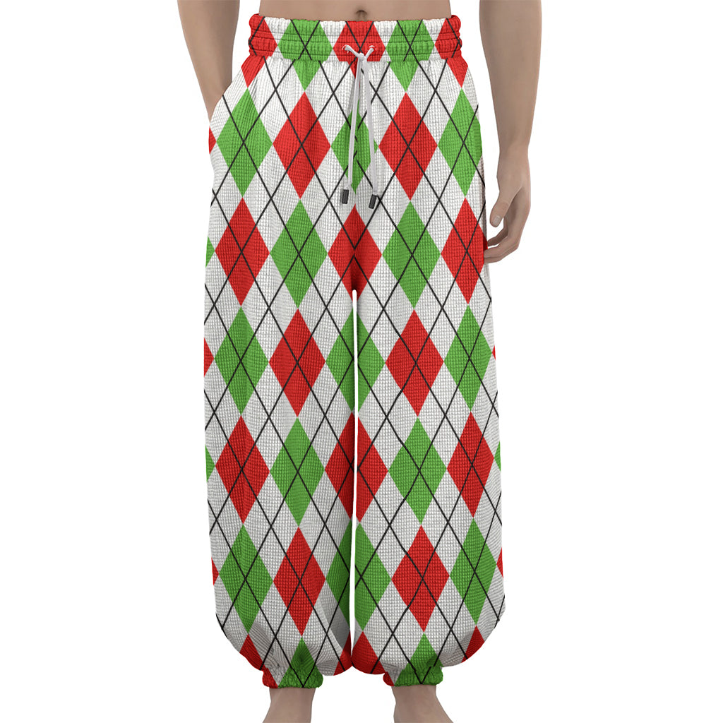 Green Red And White Argyle Pattern Print Lantern Pants