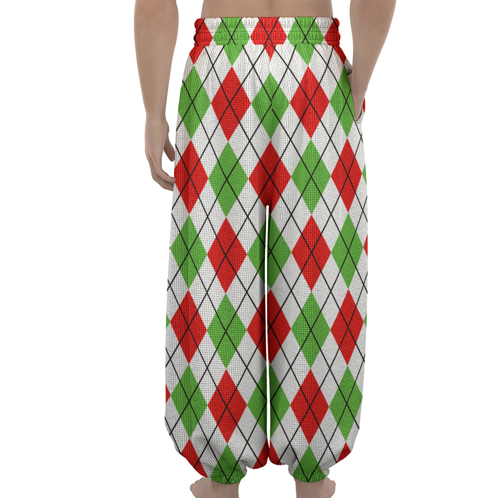 Green Red And White Argyle Pattern Print Lantern Pants