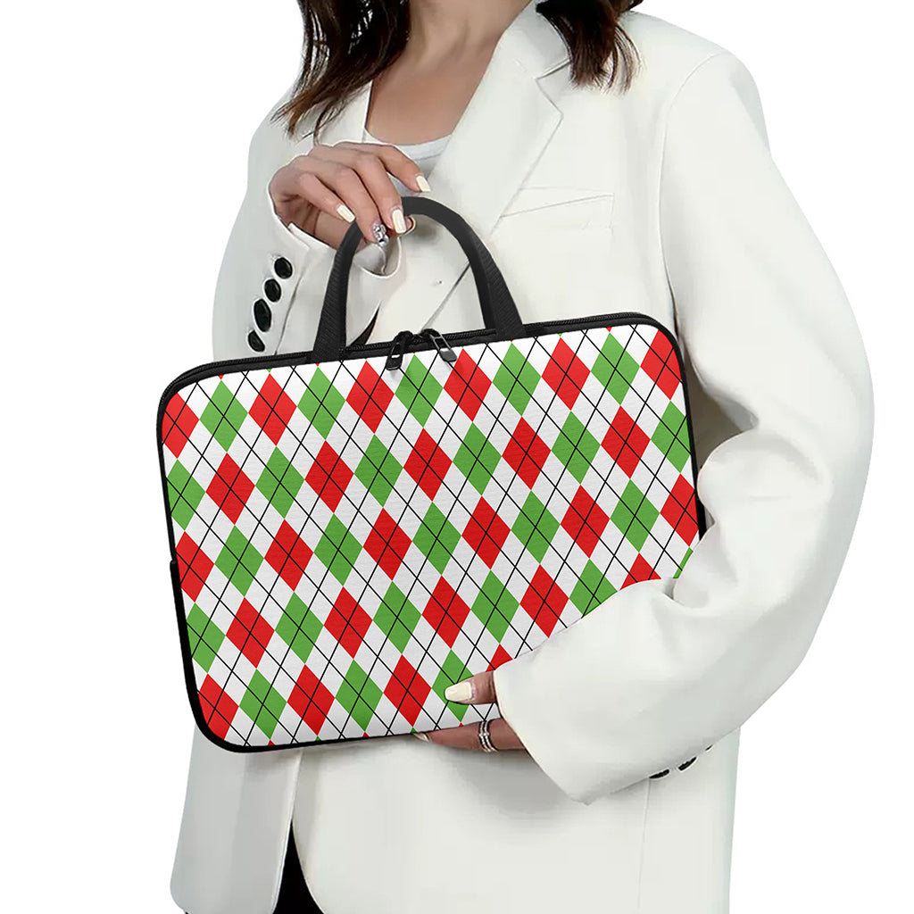 Green Red And White Argyle Pattern Print Laptop Sleeve With Handle